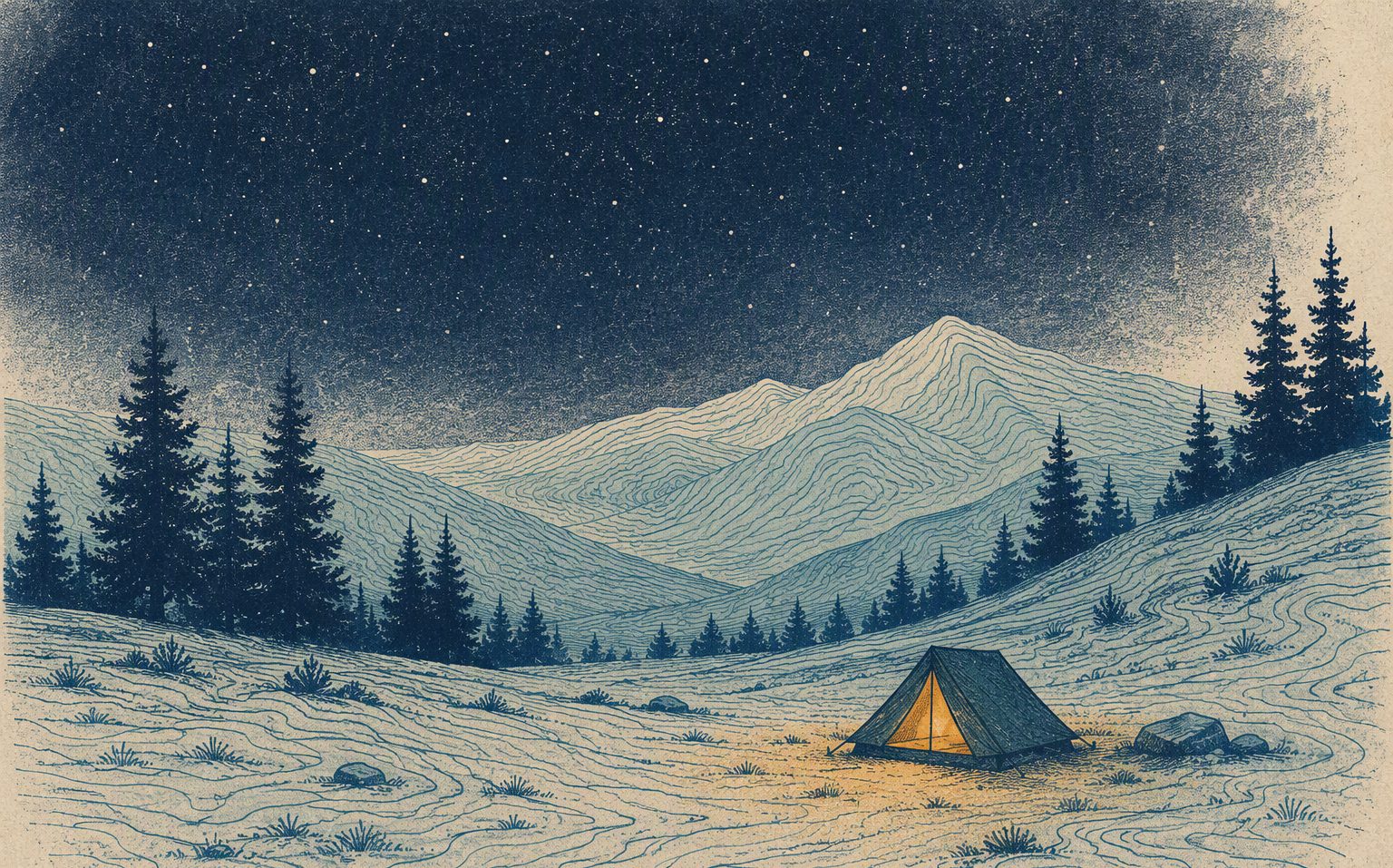 Camping — Sleep well beyond the trailhead. Risograph field illustration.