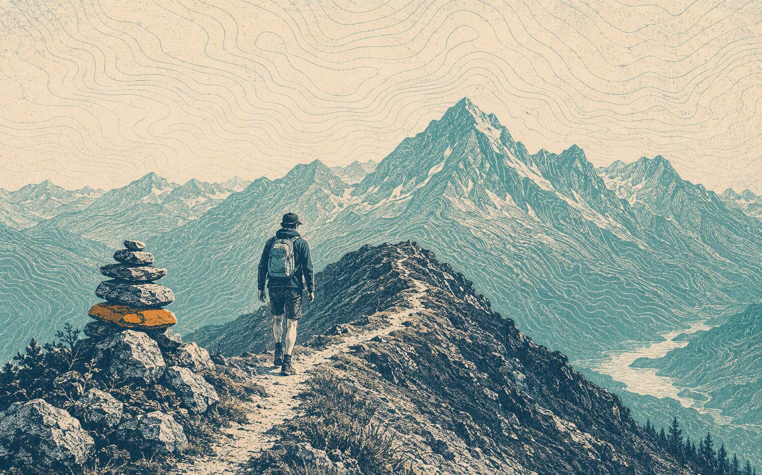 Hiking — Build a kit that earns its place. Risograph field illustration.