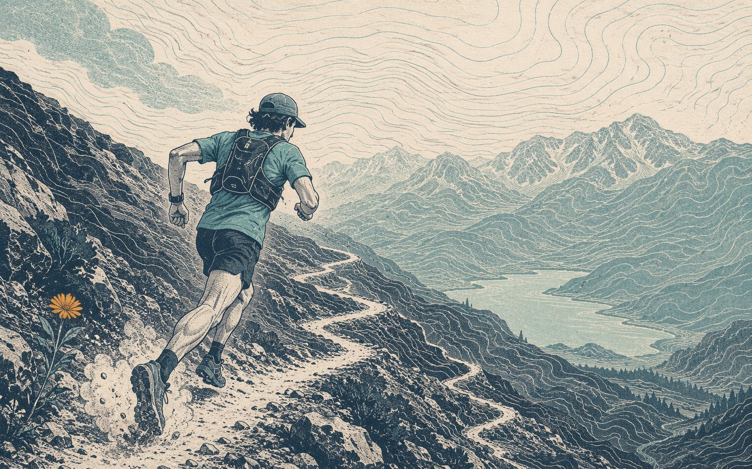 Trail running — Move light. Stay prepared.. Risograph field illustration.
