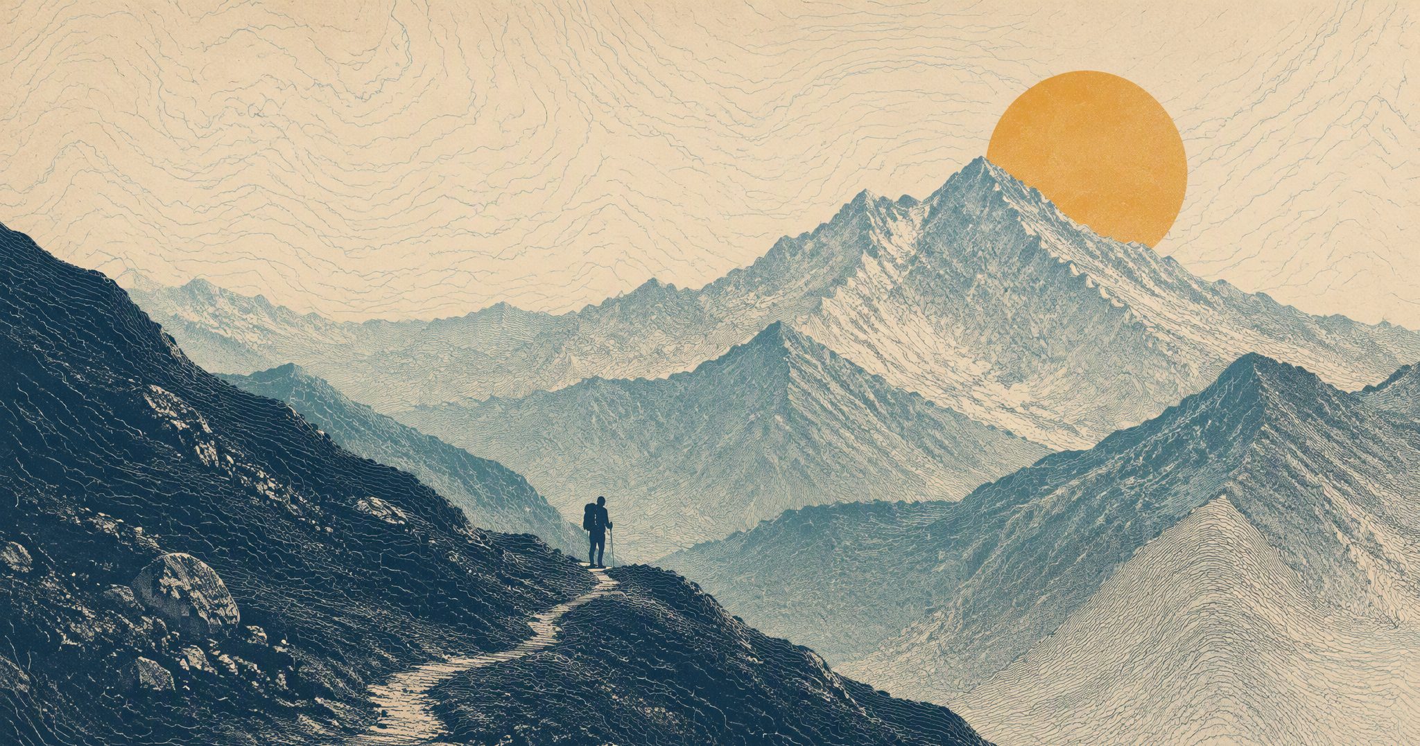 Risograph field illustration: first light over the range